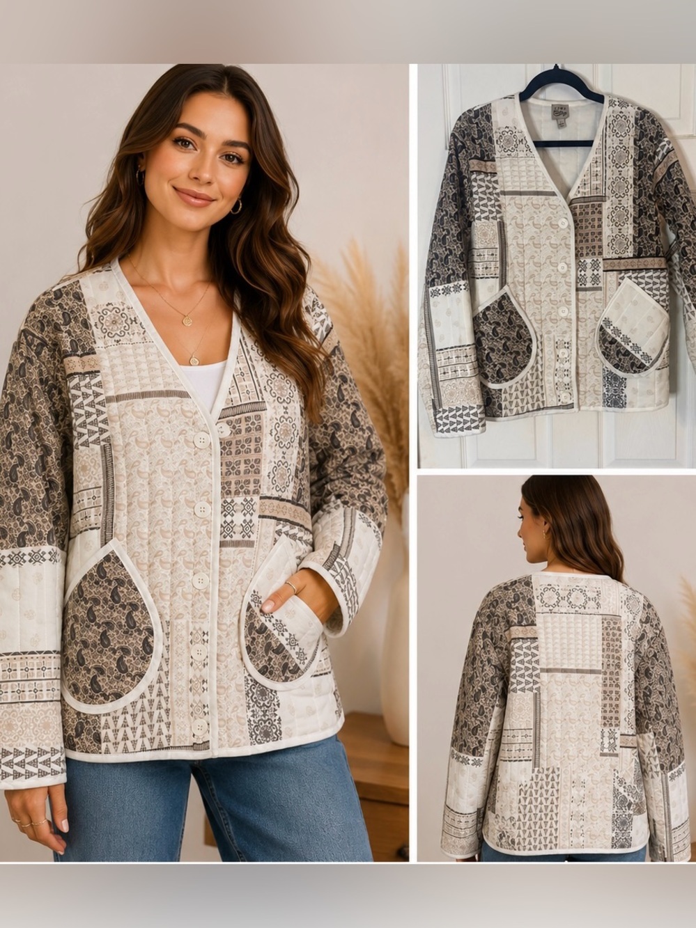 COMO Vintage Quilted Patchwork Jacket L Beige Brown